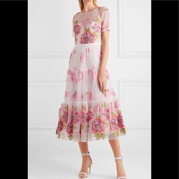 Marchesa Notte Tiered Embroidered Tulle Midi Dress - Picture 2 of 12